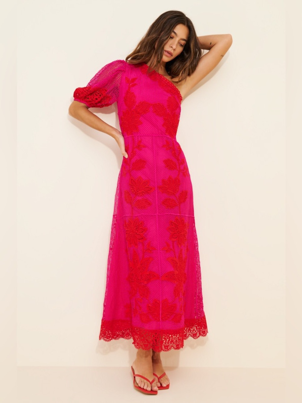 Farm Rio pink red Guipuire lace one shoulder maxi dress